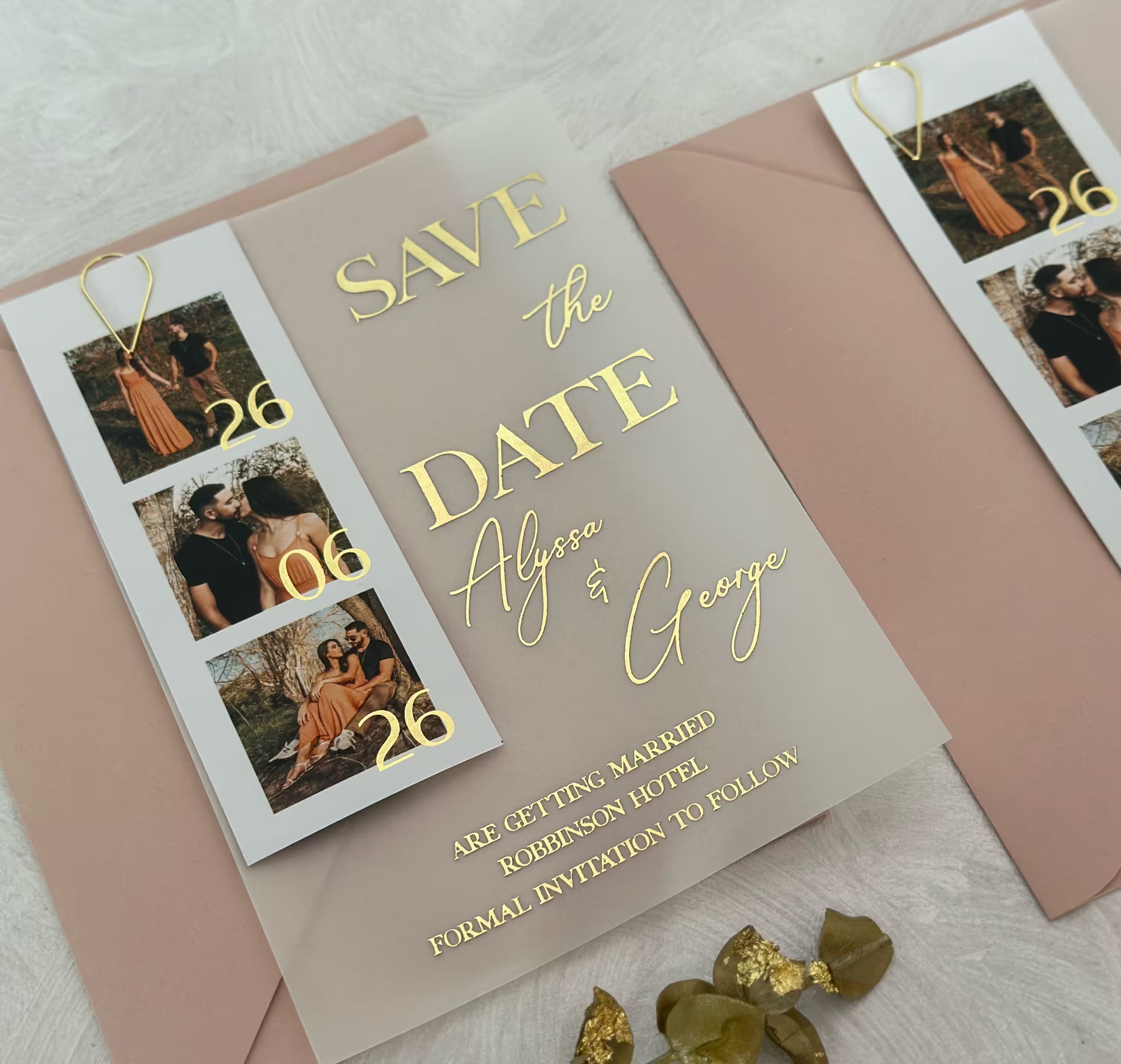 Vellum Save the Date featuring a personalized vertical photo strip