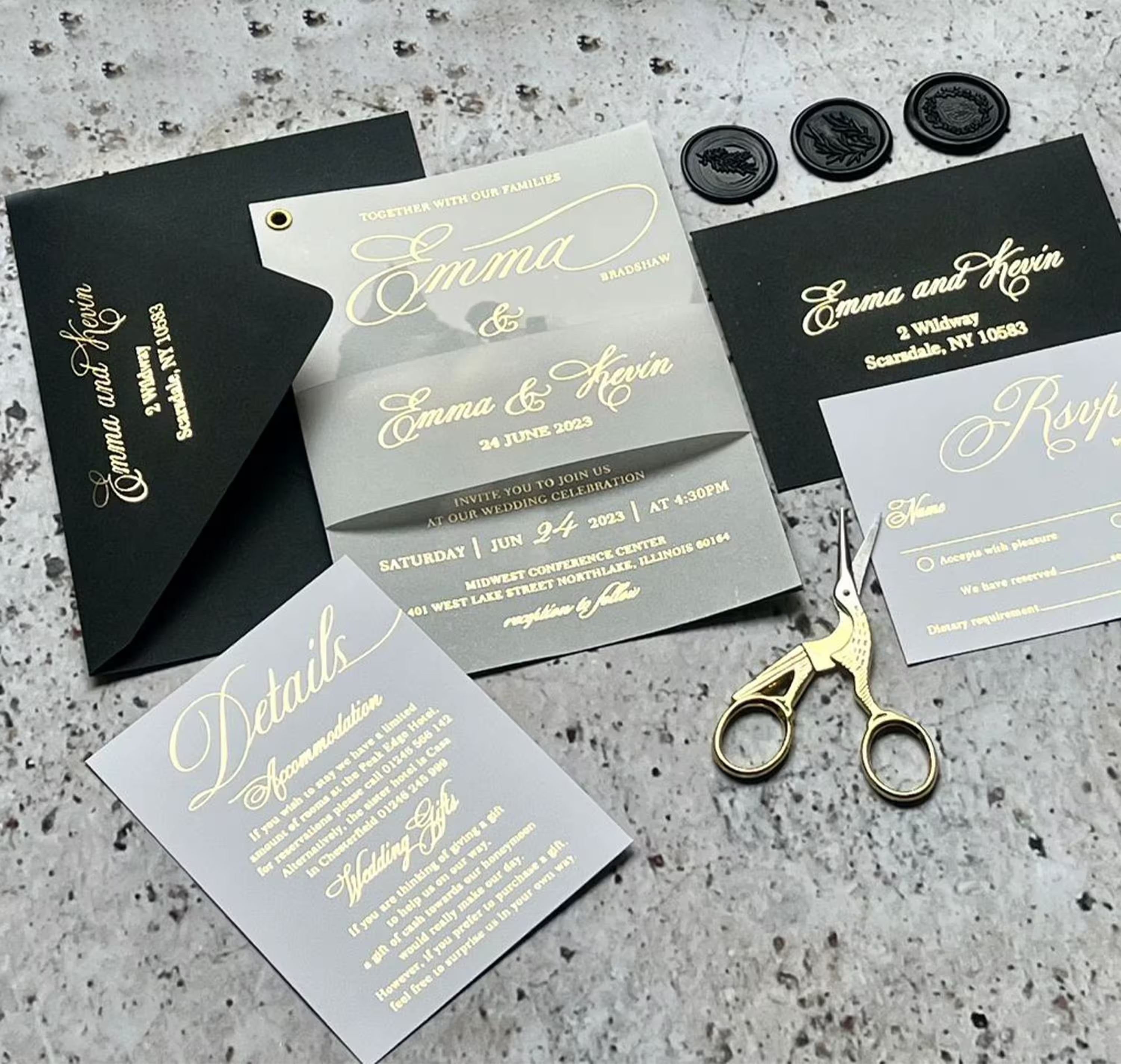 Personalized wedding invitation with vellum paper, photo, foil lettering and custom cardstock