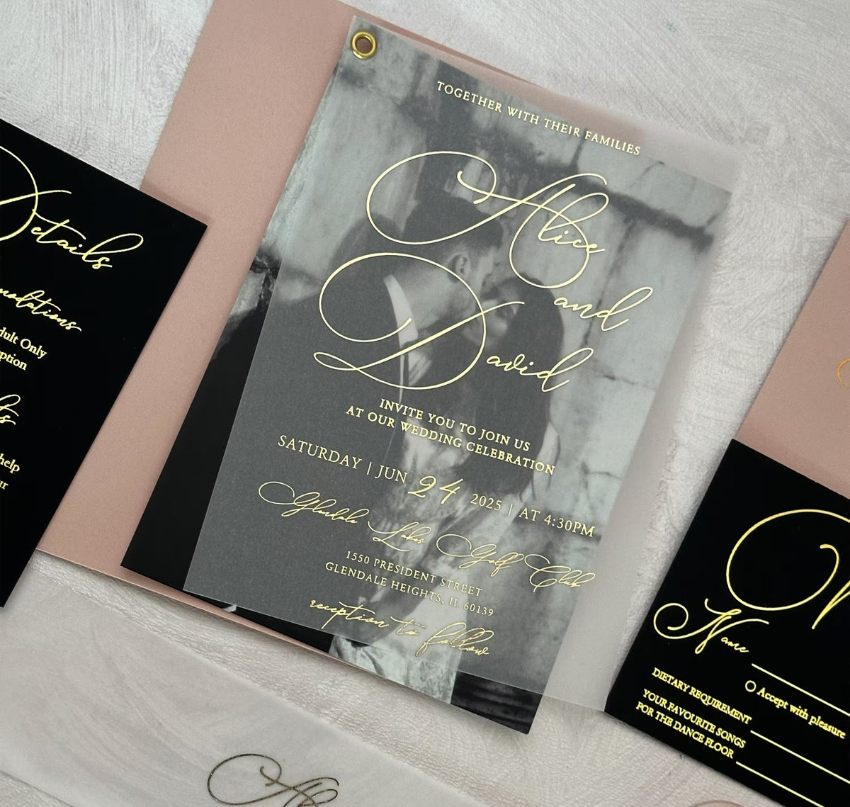 Photo vellum wedding invitation suite with foil names over black and white couple photo