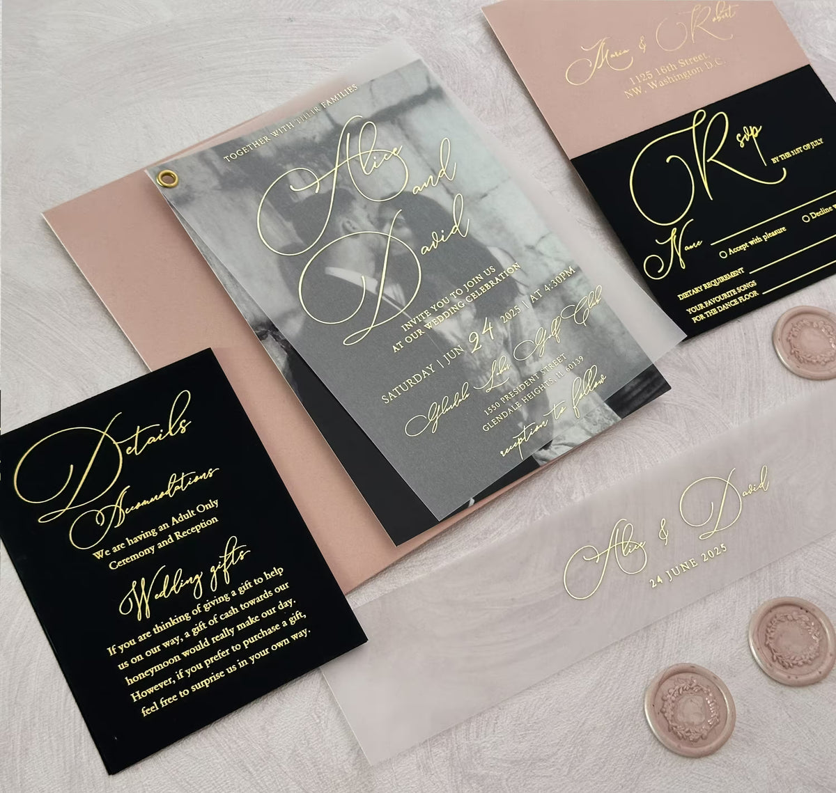 Photo vellum wedding invitation suite with blush envelope and gold foil calligraphy