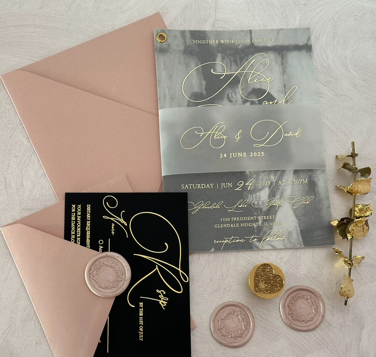 Photo vellum wedding invitation suite with black foil RSVP and details card
