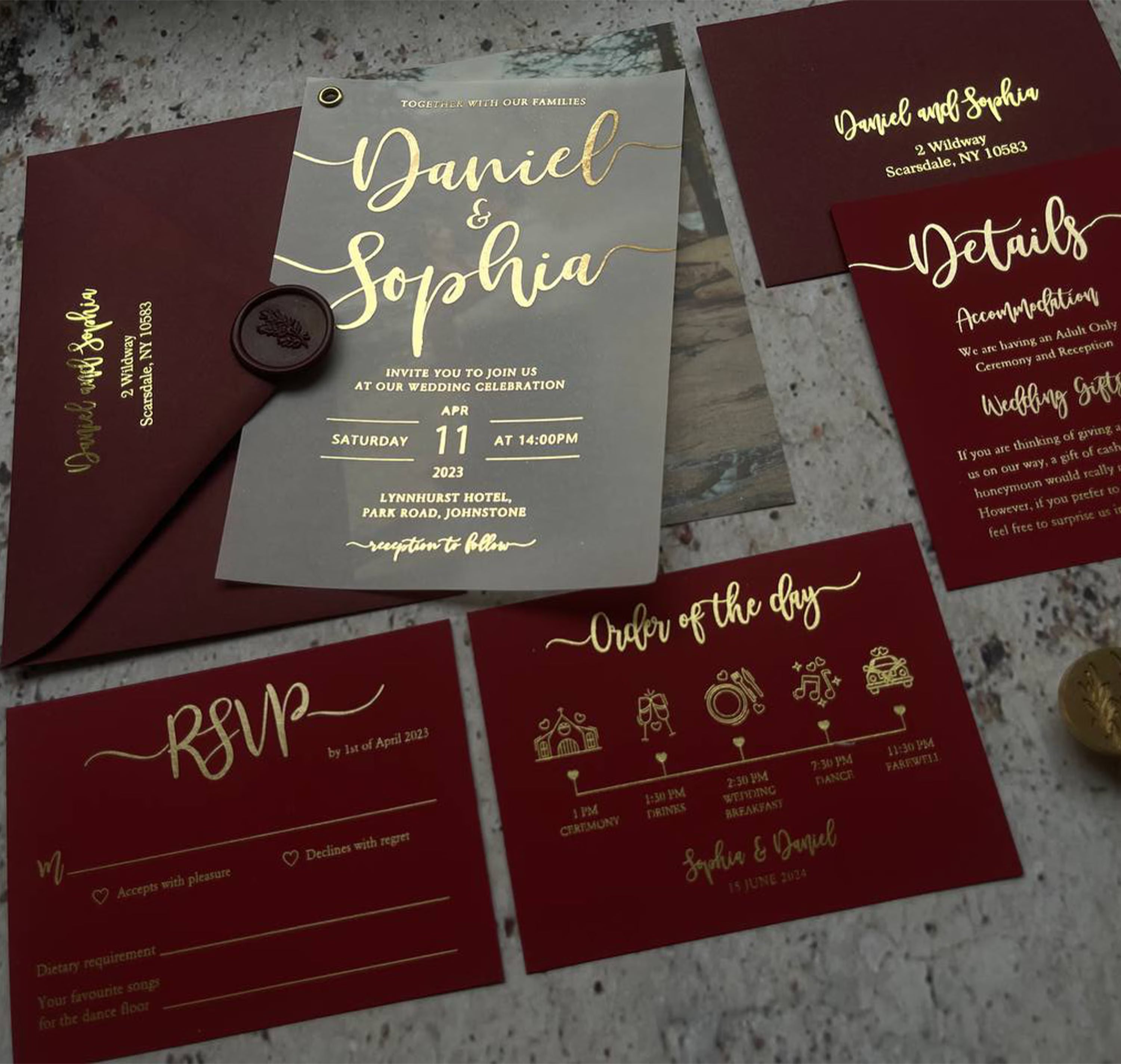 Burgundy photo wedding invitation suite with vellum overlay, foil script calligraphy, RSVP, details and order of the day cards