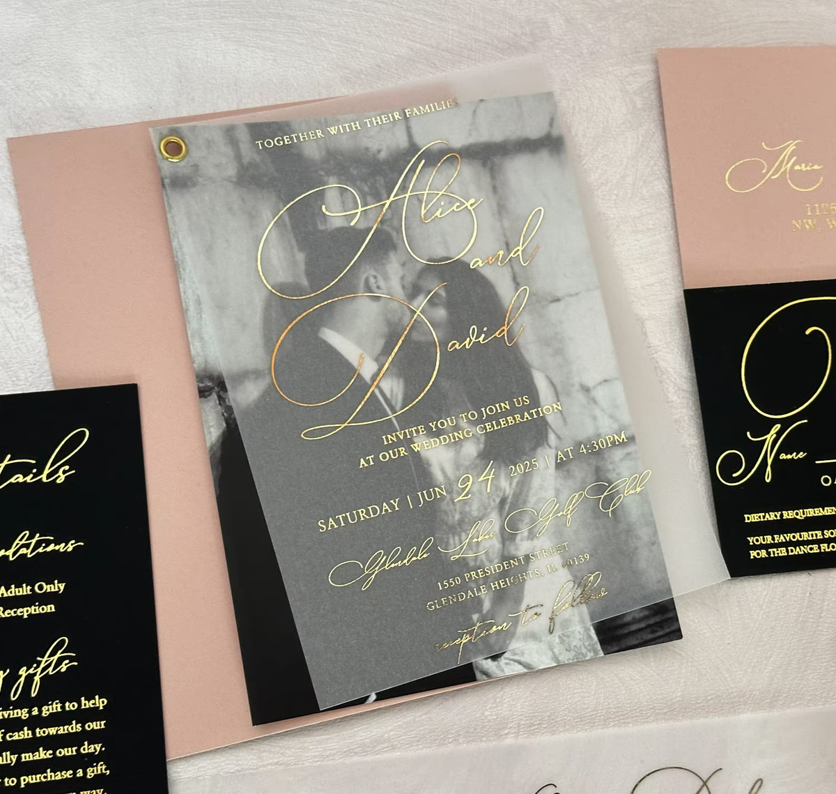 Photo vellum wedding invitation suite with blush wax seals and gold details