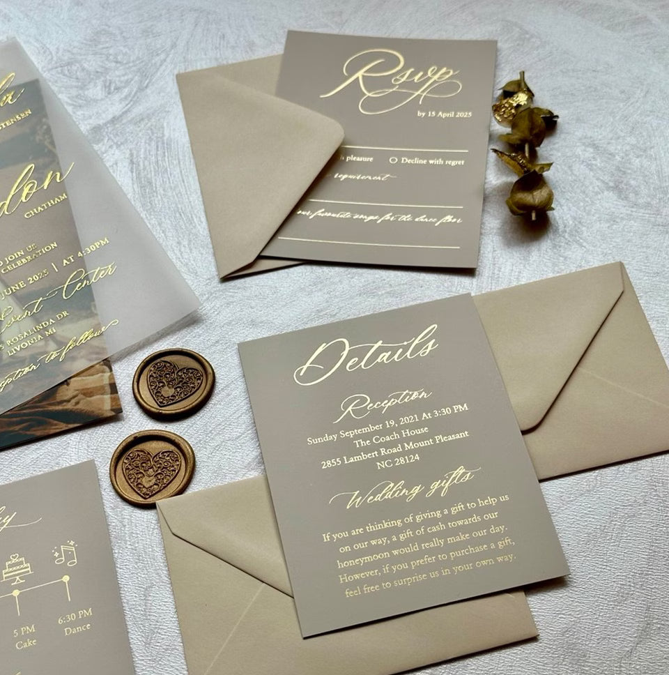 Neutral RSVP and details cards with foil from a photo vellum wedding invitation suite