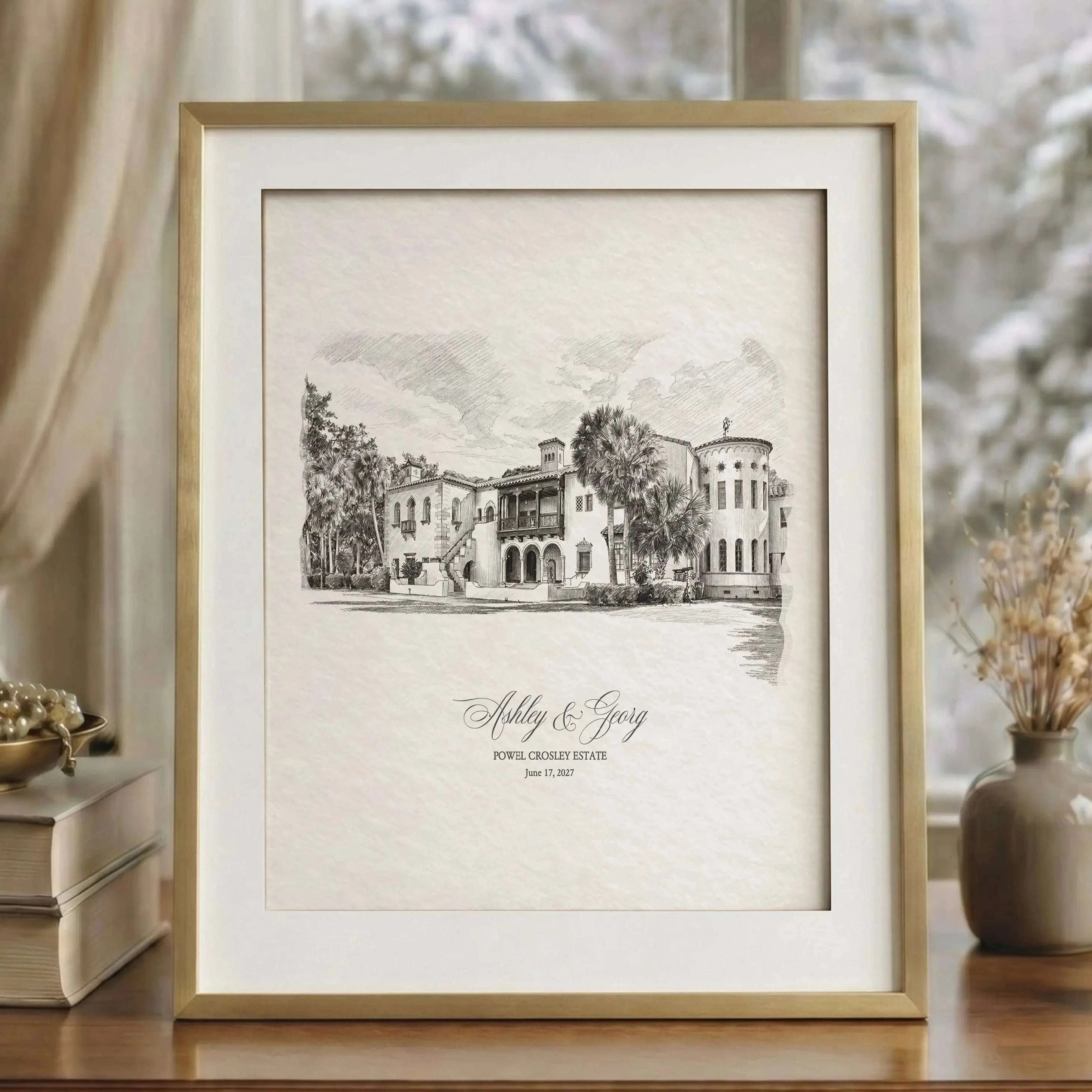 Detailed pencil sketch of Powel Crosley Estate created from your wedding photo. Custom architectural artwork and meaningful one year anniversary gift for him, inspired by the historic Sarasota waterfront venue.