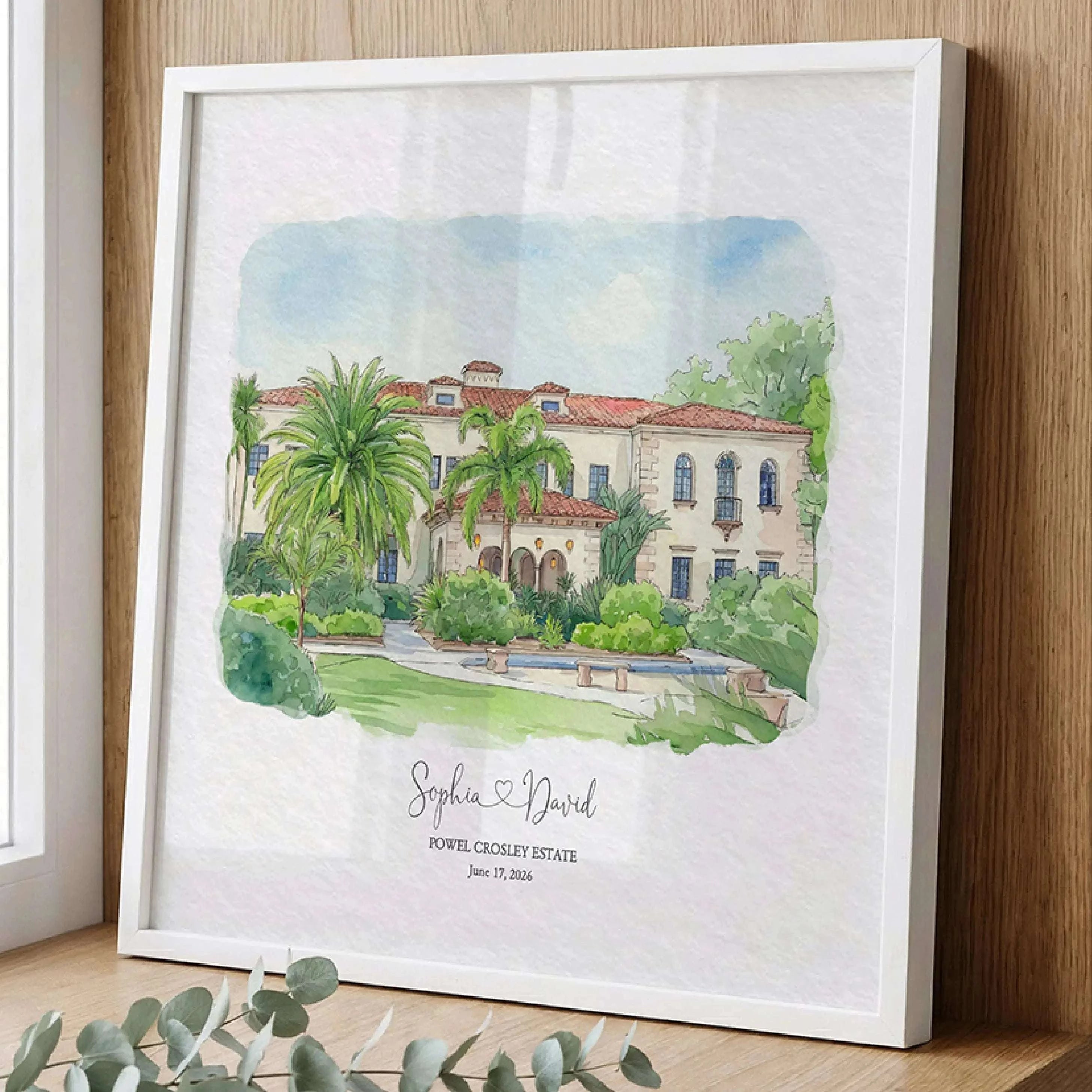 Custom watercolor portrait of Powel Crosley Estate wedding venue. Personalized from your photograph and designed as a thoughtful one year anniversary gift for him and a lasting keepsake of your wedding day.