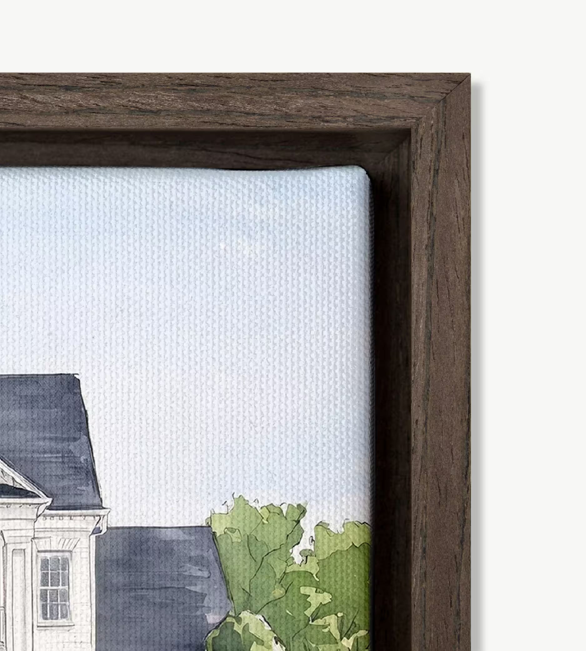Premium dark brown wood floating frame with a smooth finish surrounding a canvas artwork.