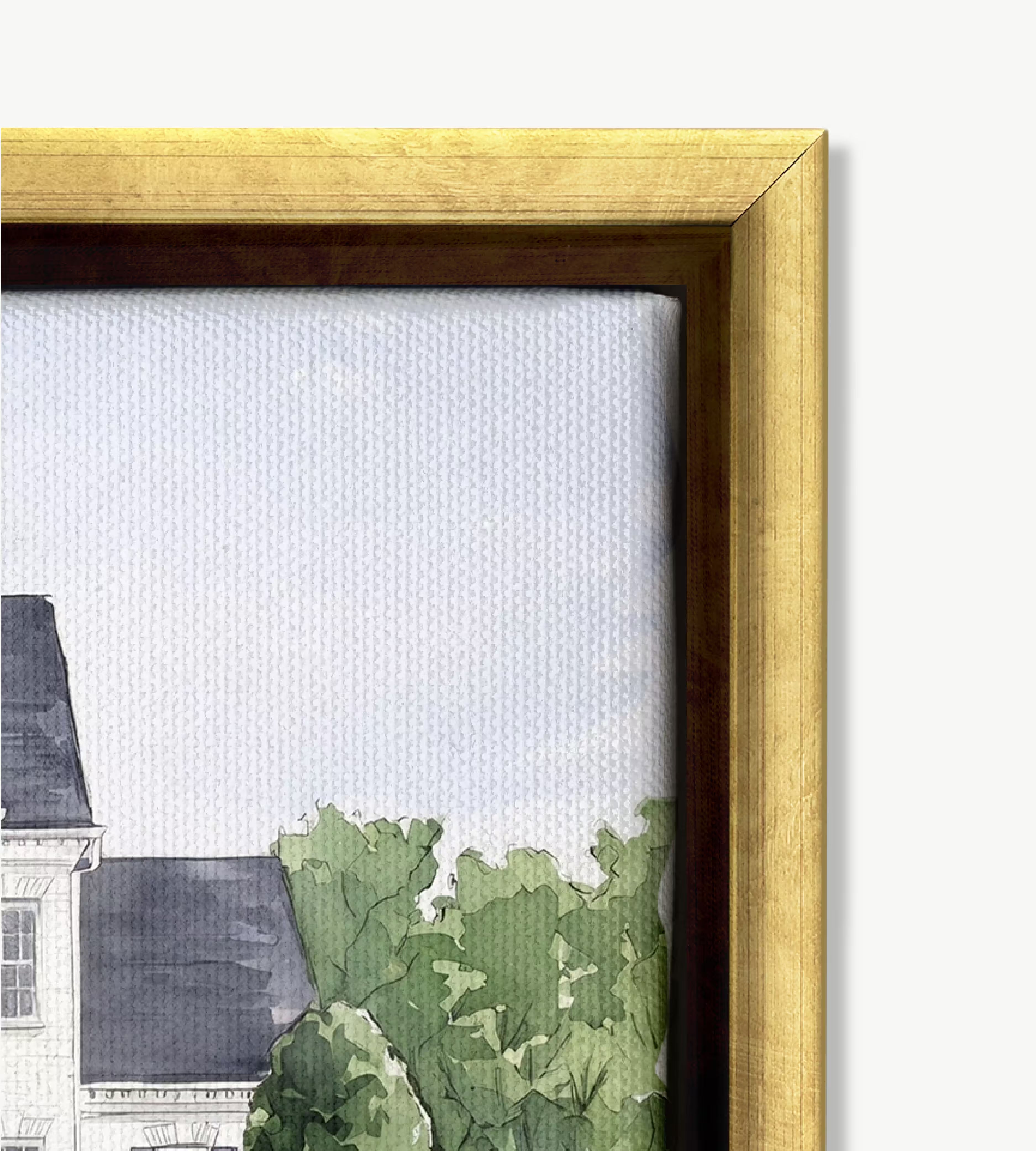 Premium modern gold wood floating frame with a refined matte finish surrounding a canvas artwork.