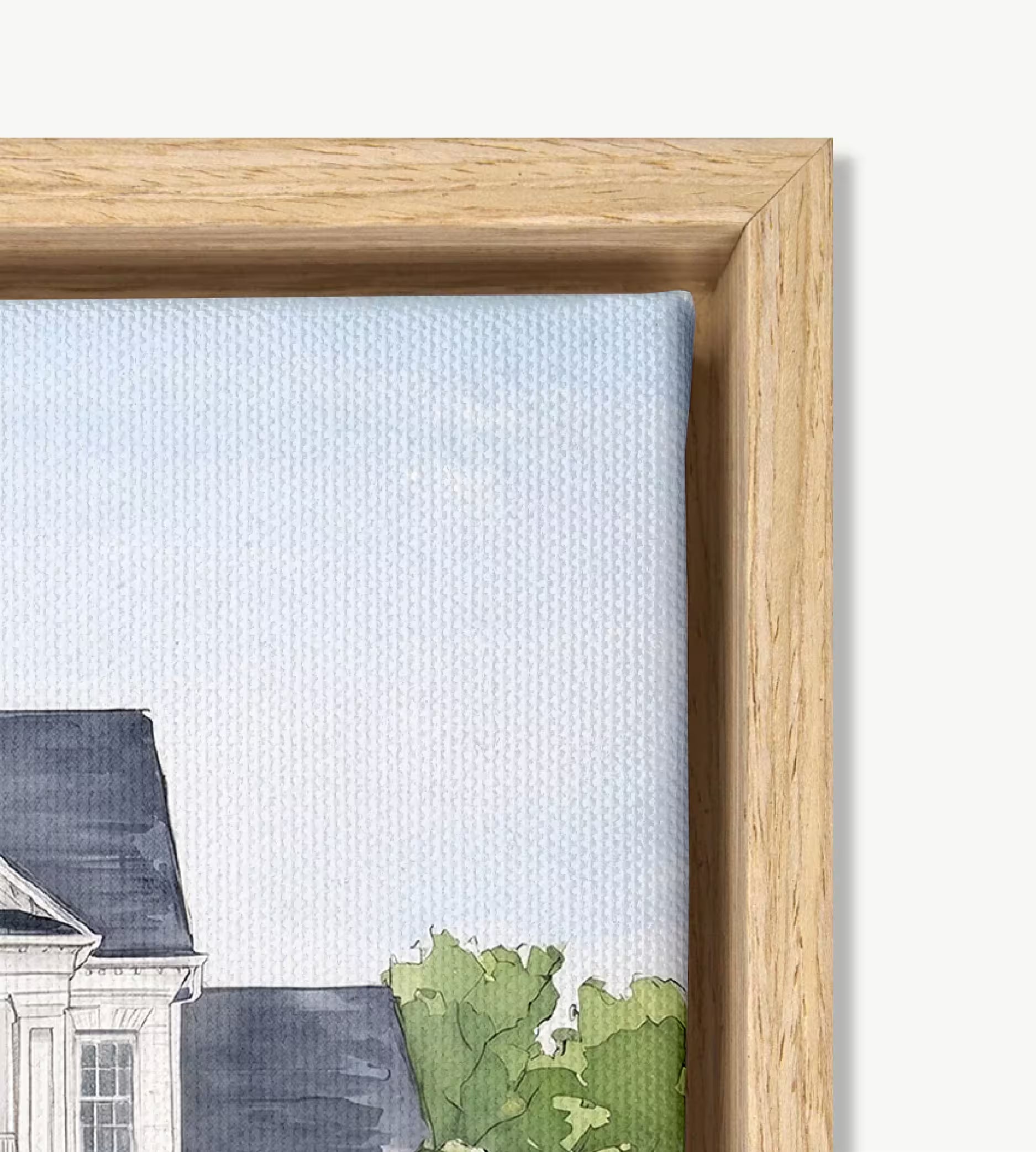 Premium natural wood floating frame with subtle organic wood grain surrounding a canvas artwork.