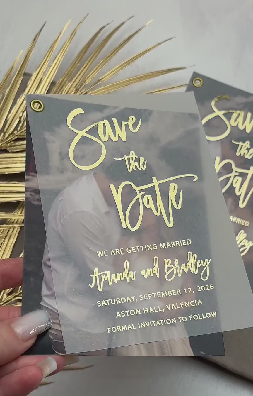 Video of wedding save the date with photo on translucent vellum and foil script, with optional wax seals