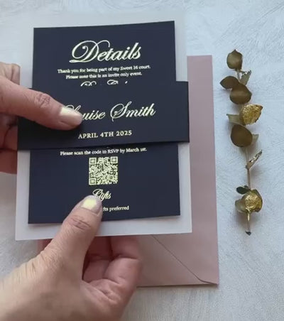 Video of sweet 16 invitations on translucent vellum with foil lettering, personalized 16th birthday invitation.