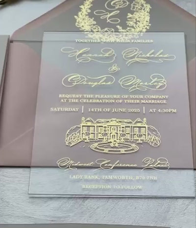 Clear acrylic wedding invitation suite with a foil venue sketch, shown with RSVP, Details, Order of the Day, belly band and lined envelope