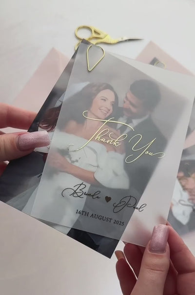 Personalized wedding thank you cards with couple photo, vellum overlay and foil lettering with names and wedding date