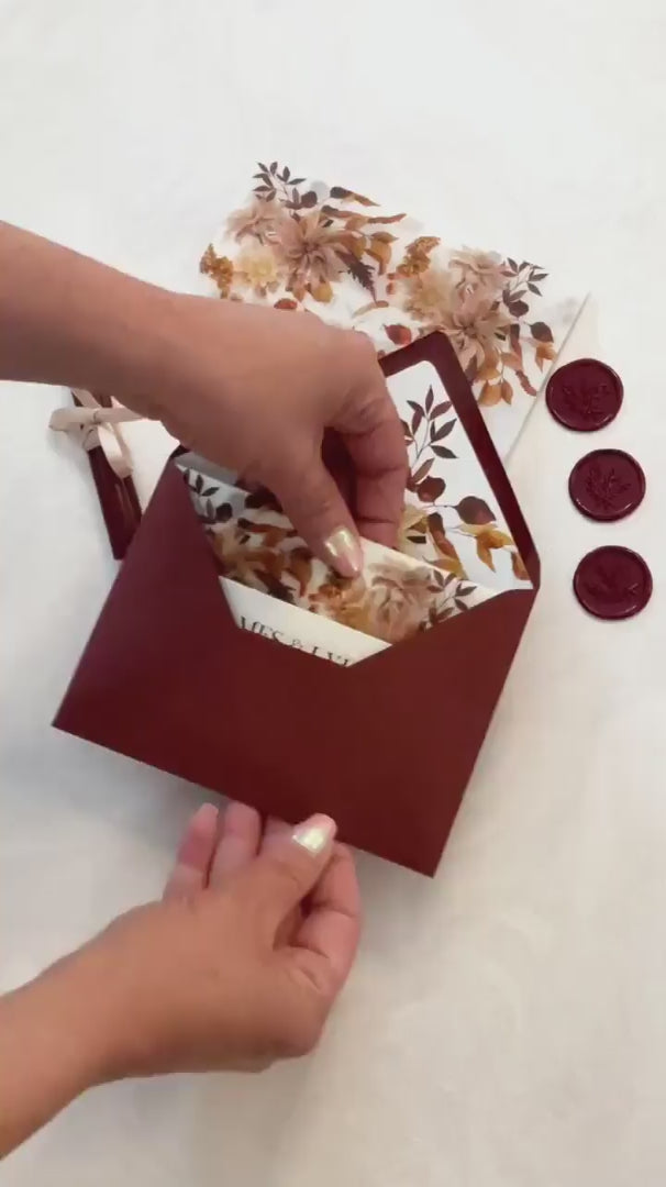 All in one wedding invitations concertina suite with built in RSVP panel and fall floral border