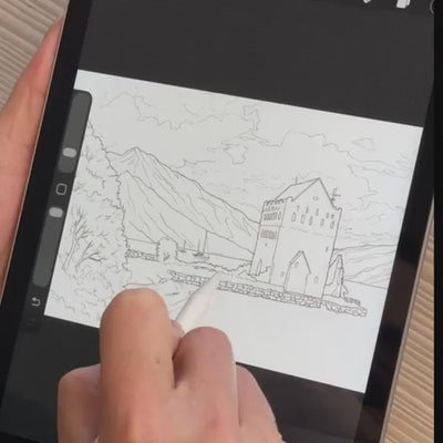 Process of creating a watercolor wedding venue portrait of Castle Stalker in Appin Scotland from photo to final artwork