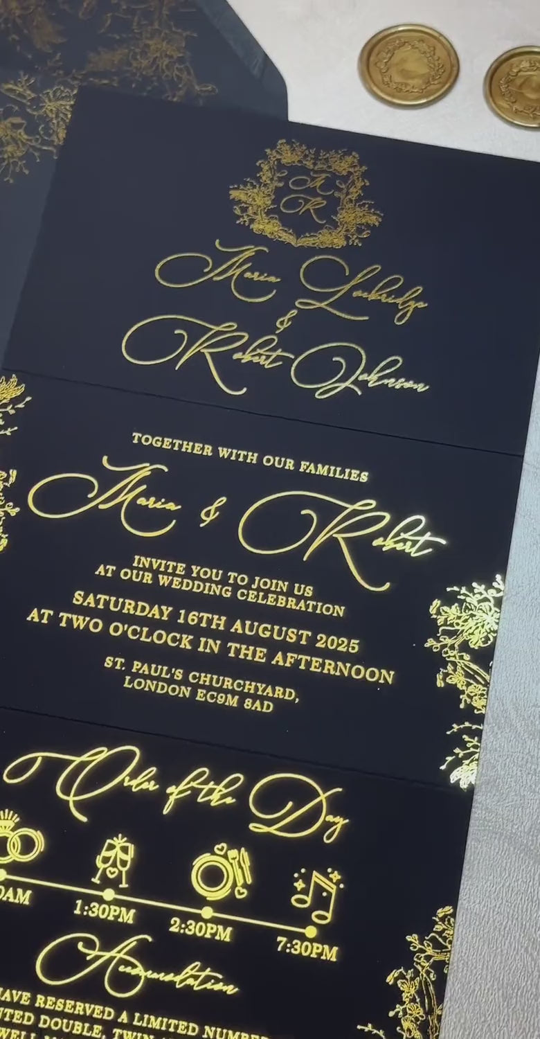 Concertina wedding invitations with foil on navy blue cardstock unfolding to reveal personalized names, ceremony details and a separate RSVP card on white cardstock