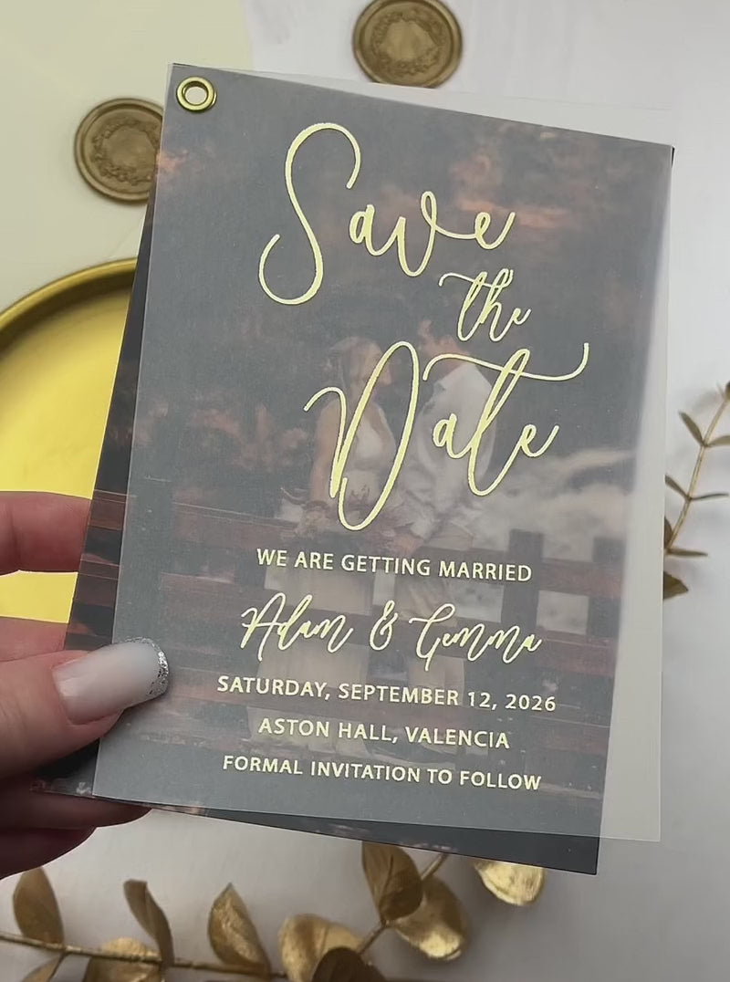 Video of save the date with picture on translucent vellum and foil script, with optional wax seals and envelope