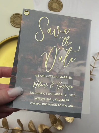 Video of save the date with picture on translucent vellum and foil script, with optional wax seals and envelope