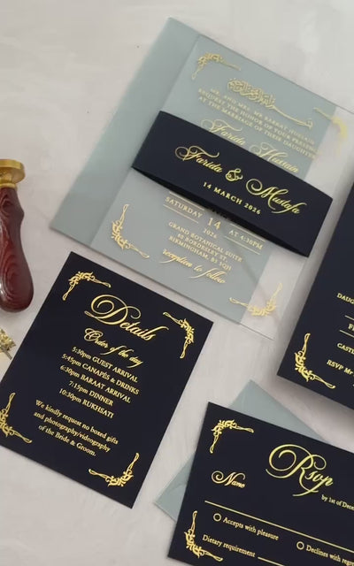 Video of acrylic Muslim wedding invitations with Arabic calligraphy in foil, with optional details card, belly band and wax seals