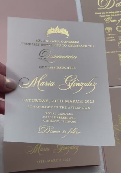 Video of quinceañera invitations on vellum with a foil tiara and script lettering, personalized 15th birthday invitation.