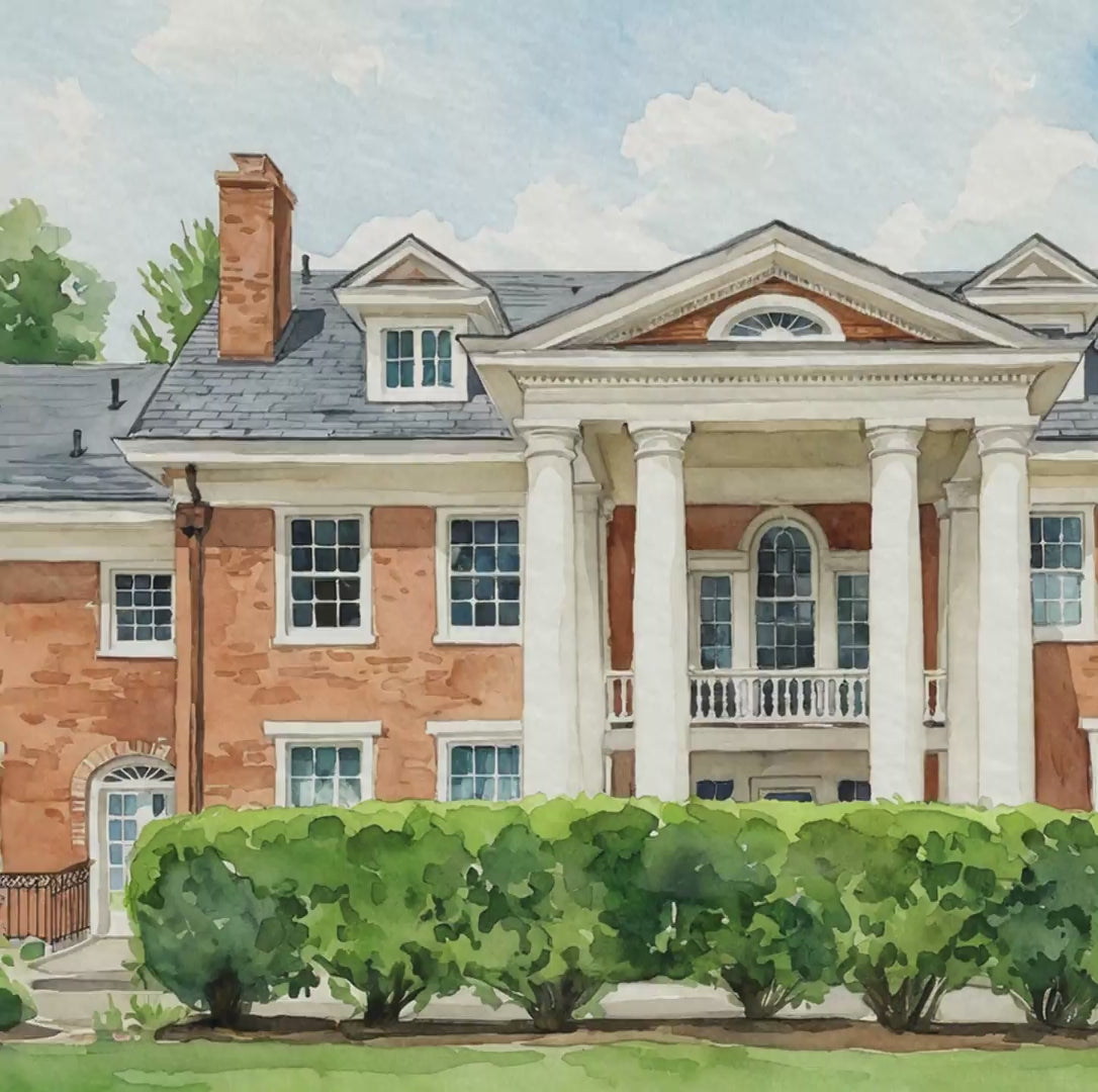 Personalized watercolor portrait of Raspberry Plain Manor Virginia wedding venue, created as a custom anniversary gift displayed in a natural wood frame