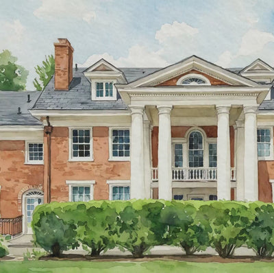Personalized watercolor portrait of Raspberry Plain Manor Virginia wedding venue, created as a custom anniversary gift displayed in a natural wood frame