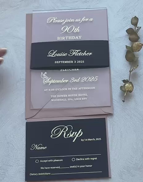 Video of 90th birthday invitations on clear acrylic with foil lettering, a personalized milestone birthday invitation that works for any age.