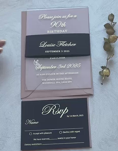Video of 90th birthday invitations on clear acrylic with foil lettering, a personalized milestone birthday invitation that works for any age.