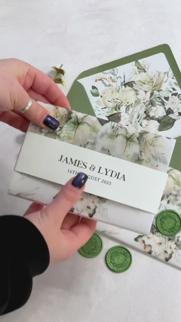 Sage green concertina wedding invitations suite with floral envelope and RSVP card