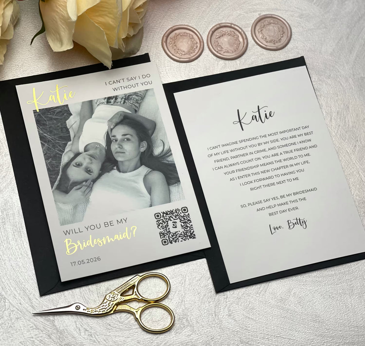 Proposal card set featuring a personalized photo, foil lettering, and a matching message card with black backing.