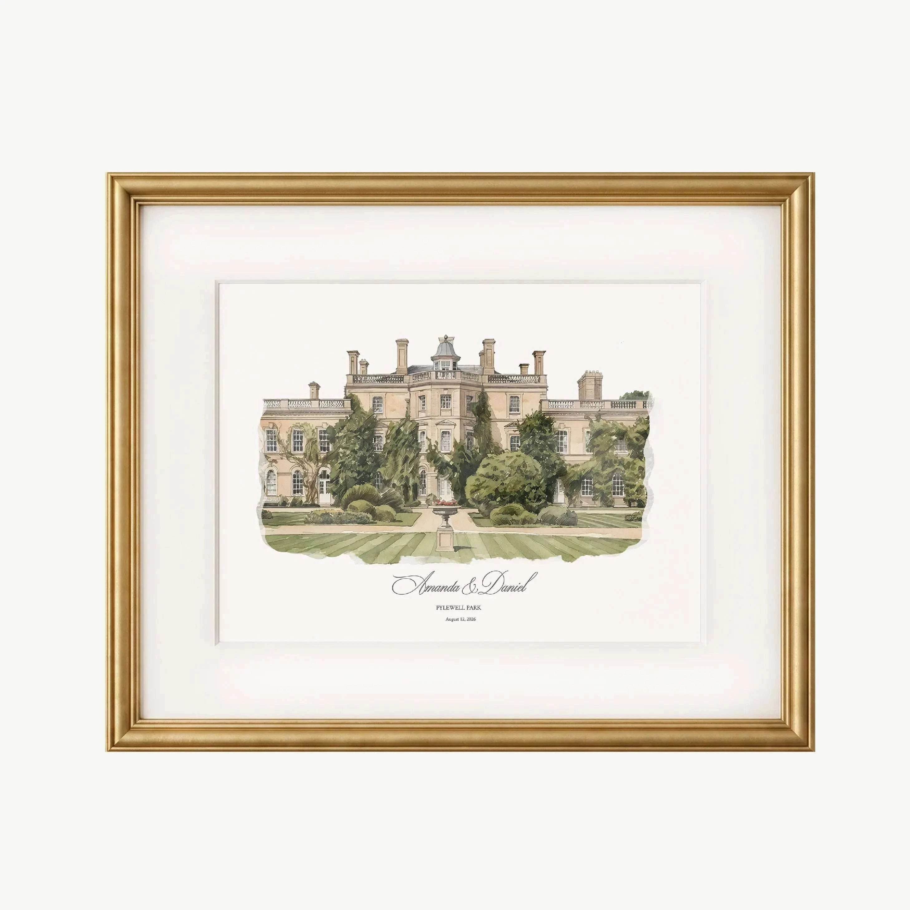 Personalised watercolour portrait of Pylewell Park in a classic gold frame, custom wedding venue artwork created from a real venue photograph.