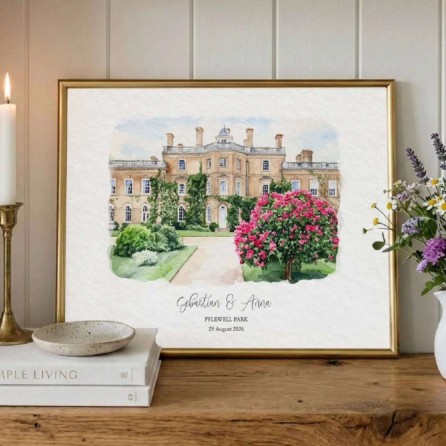 Watercolour portrait of Pylewell Park displayed in an elegant gold frame, personalised wedding venue artwork created from a real venue photograph.