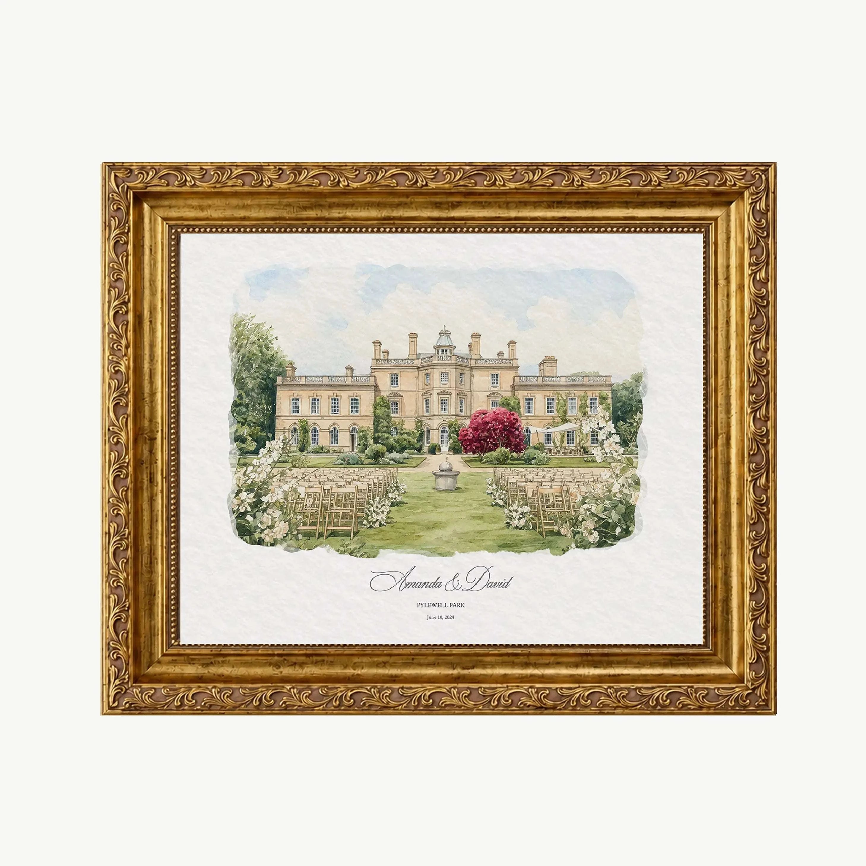 Watercolour wedding venue portrait of Pylewell Park, featuring the historic country estate and landscaped gardens in Hampshire, England.