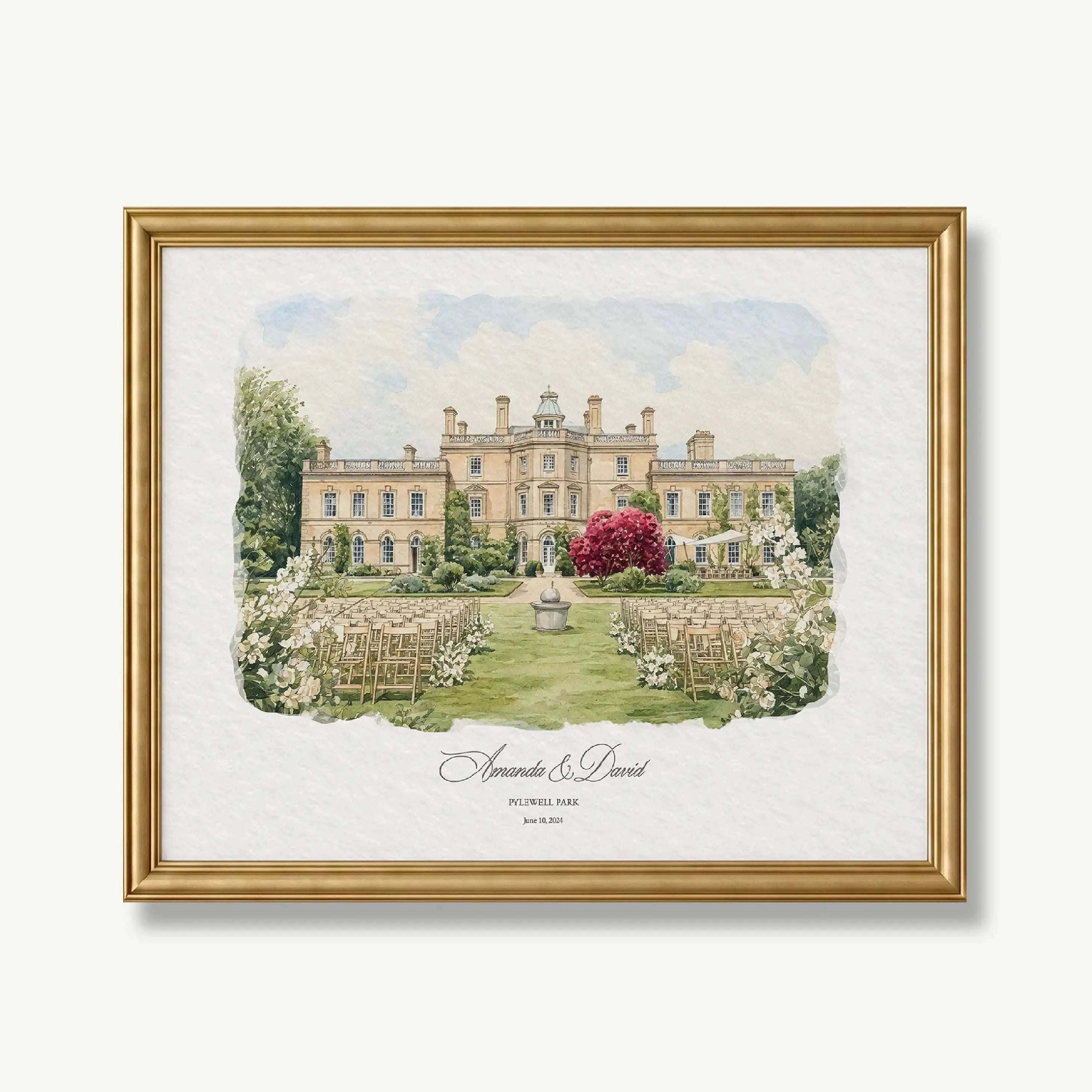 Personalized watercolor portrait of Pylewell Park wedding venue in Hampshire, England, created from a wedding photograph. Custom wedding venue artwork featuring the historic country house and ceremony garden, beautifully framed as a meaningful first anniversary gift, wedding keepsake, and paper anniversary present for couples.