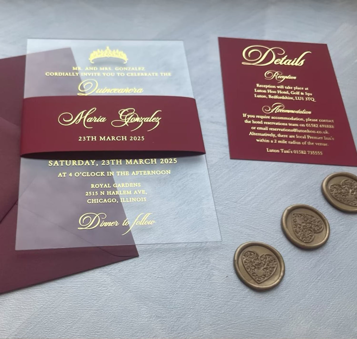 Quince invitations on clear acrylic with foil script and a tiara, a personalized 15 invitation with the ceremony and reception details.