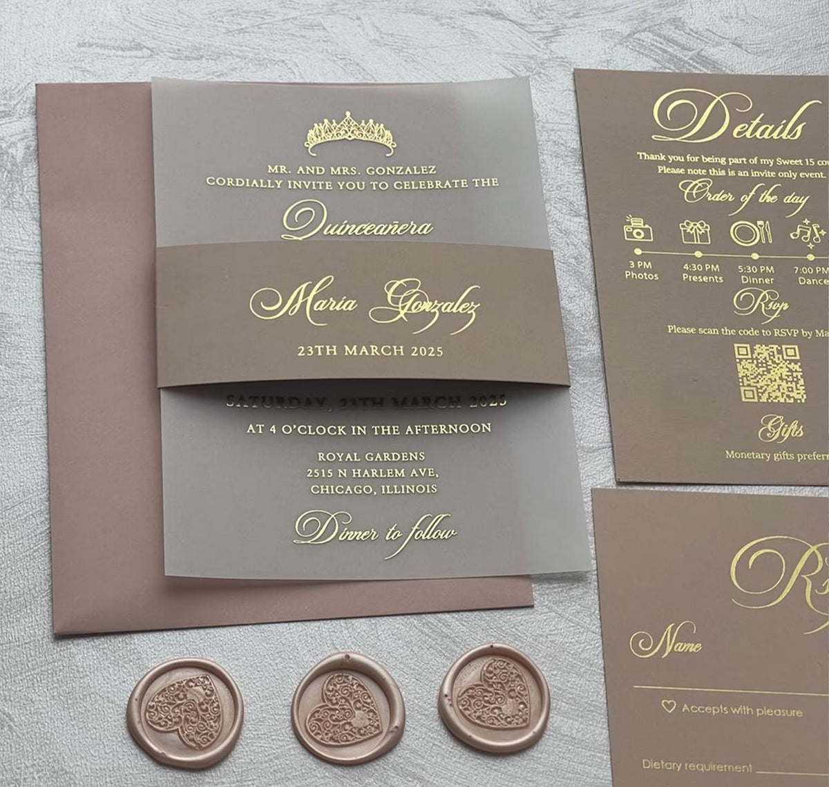 Personalized 15th birthday invitation for a quinceañera on vellum, a formal invitation from the parents with foil details glowing through the sheet.