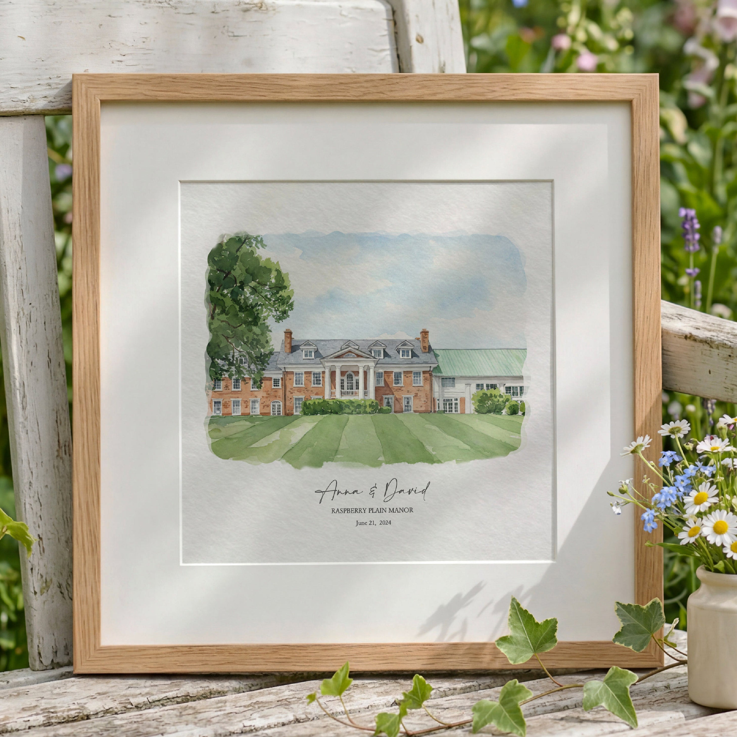 Hand-illustrated Raspberry Plain Manor Leesburg Virginia neoclassical brick manor house pencil sketch personalized wedding venue portrait