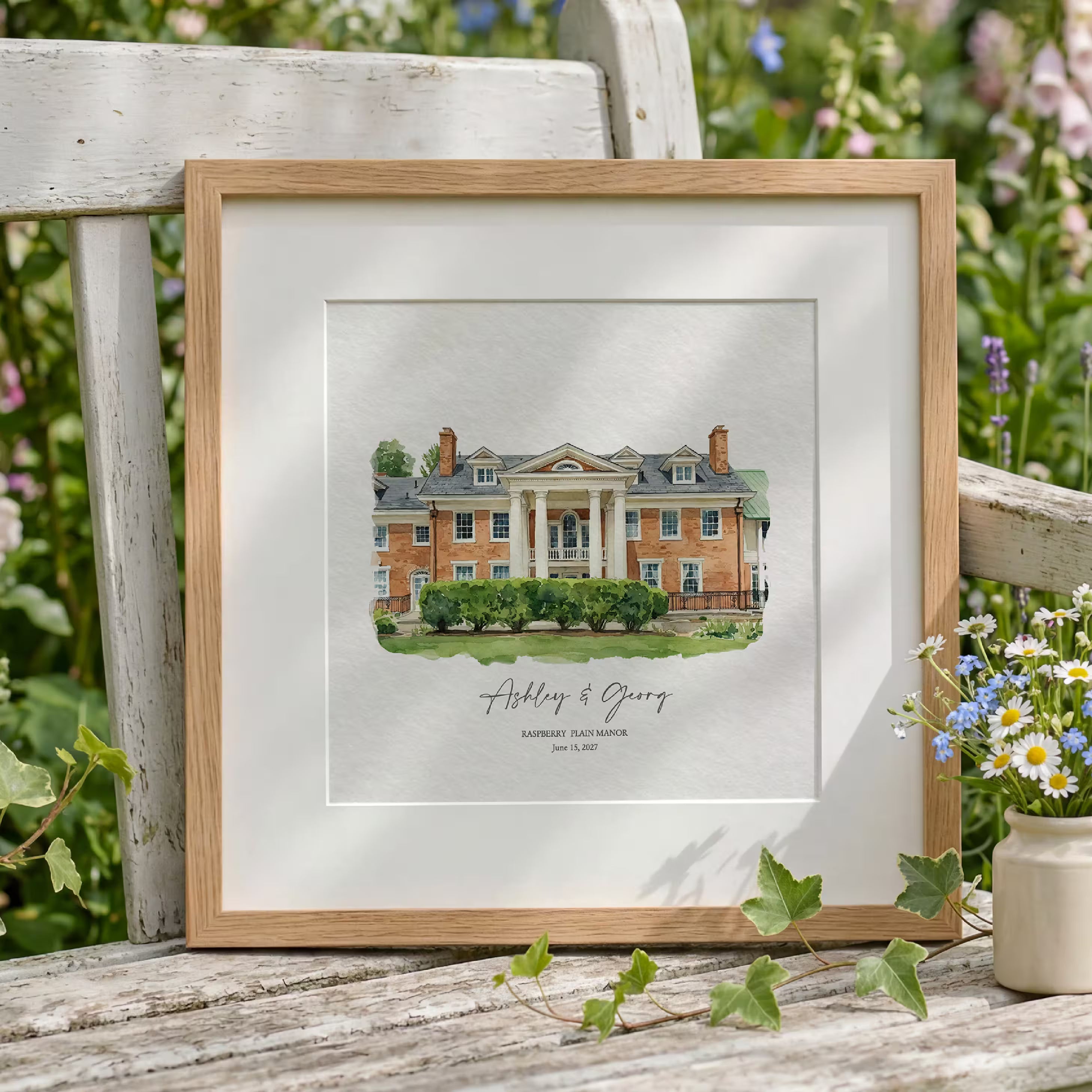 Minimalist watercolor portrait of Raspberry Plain Manor, a red brick columned manor behind neat green hedges, in an oak frame with a white mat. Created from your photo and personalized with the couple names and wedding date, a paper first anniversary gift.