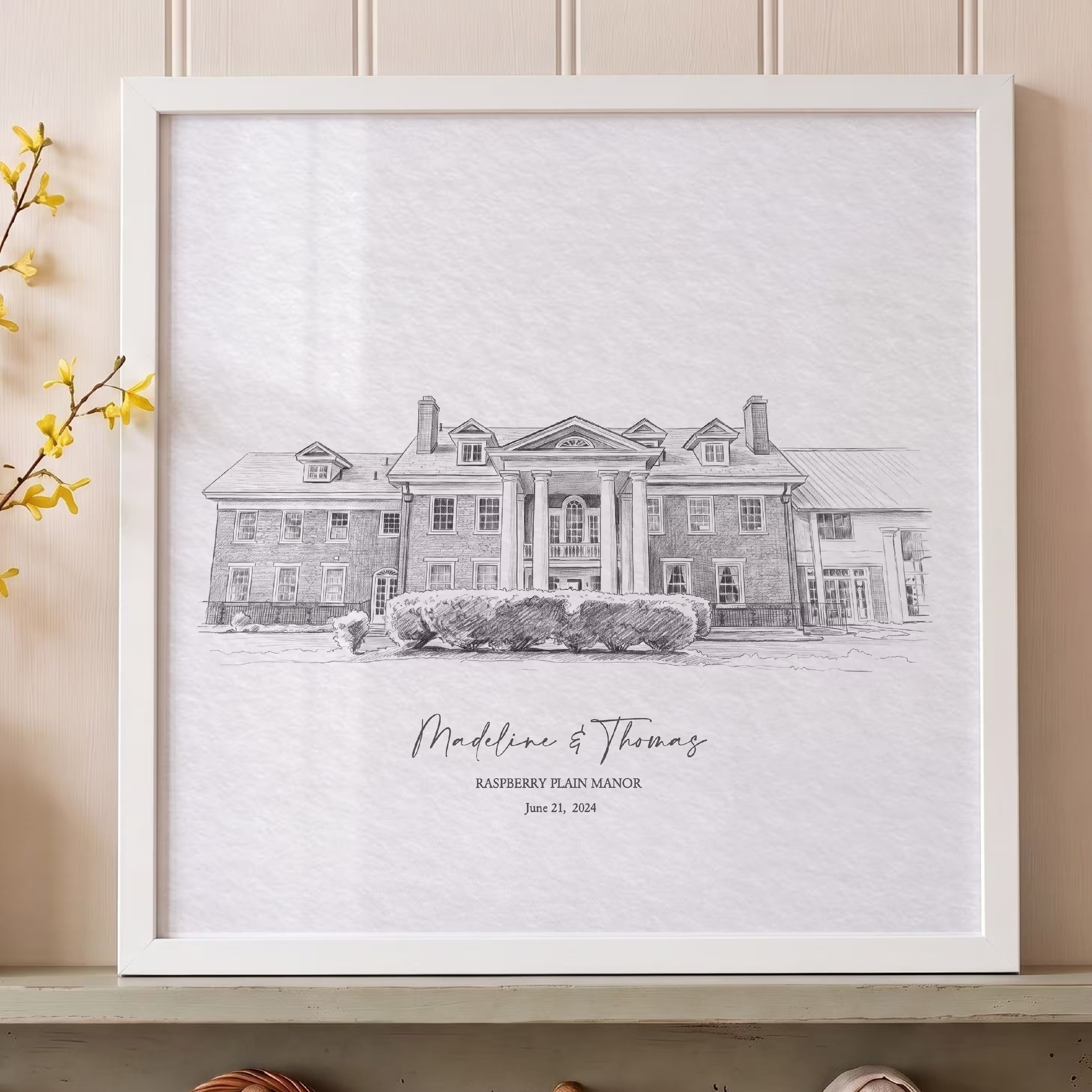 Personalized pencil sketch portrait of Raspberry Plain Manor in a white frame, a graphite portrait of the wedding venue created from your photo, with the couple names and wedding date as a first anniversary gift
