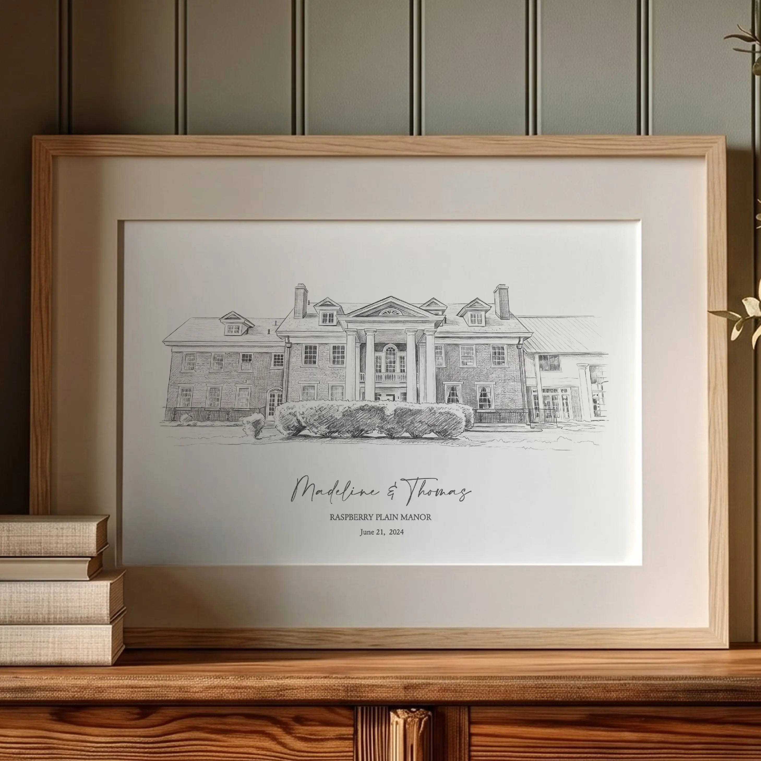 Personalized Raspberry Plain Manor Leesburg Virginia pencil sketch anniversary gift in natural wood frame with couple names and wedding date on shelf