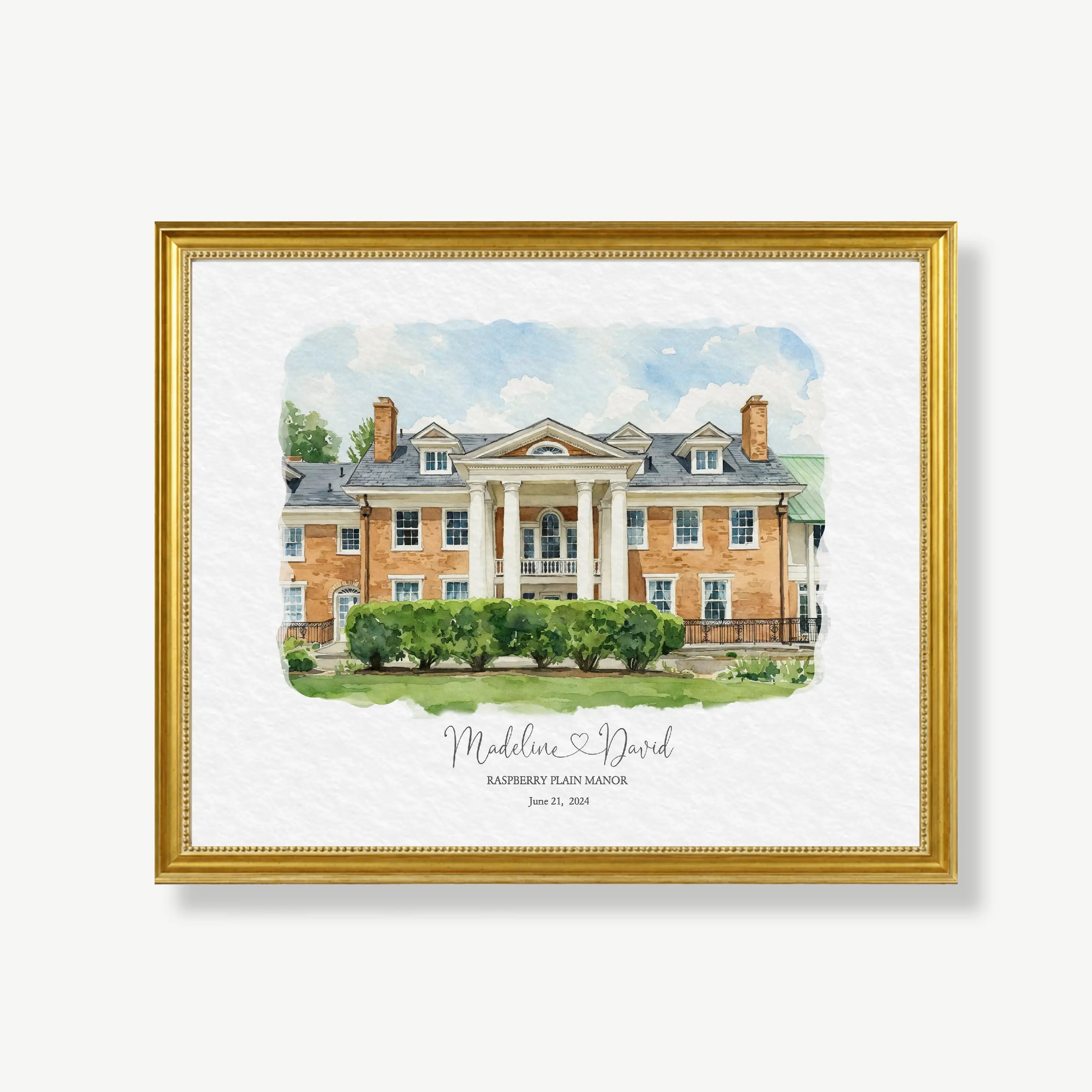 Personalized Raspberry Plain Manor Virginia wedding venue watercolor anniversary gift in gold beaded frame with couple names and date