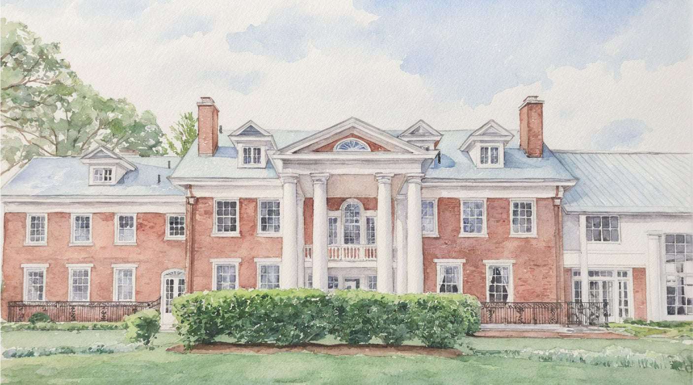 Custom watercolor painting of Raspberry Plain Manor wedding venue in Leesburg Virginia, transformed from a real photo into timeless artwork