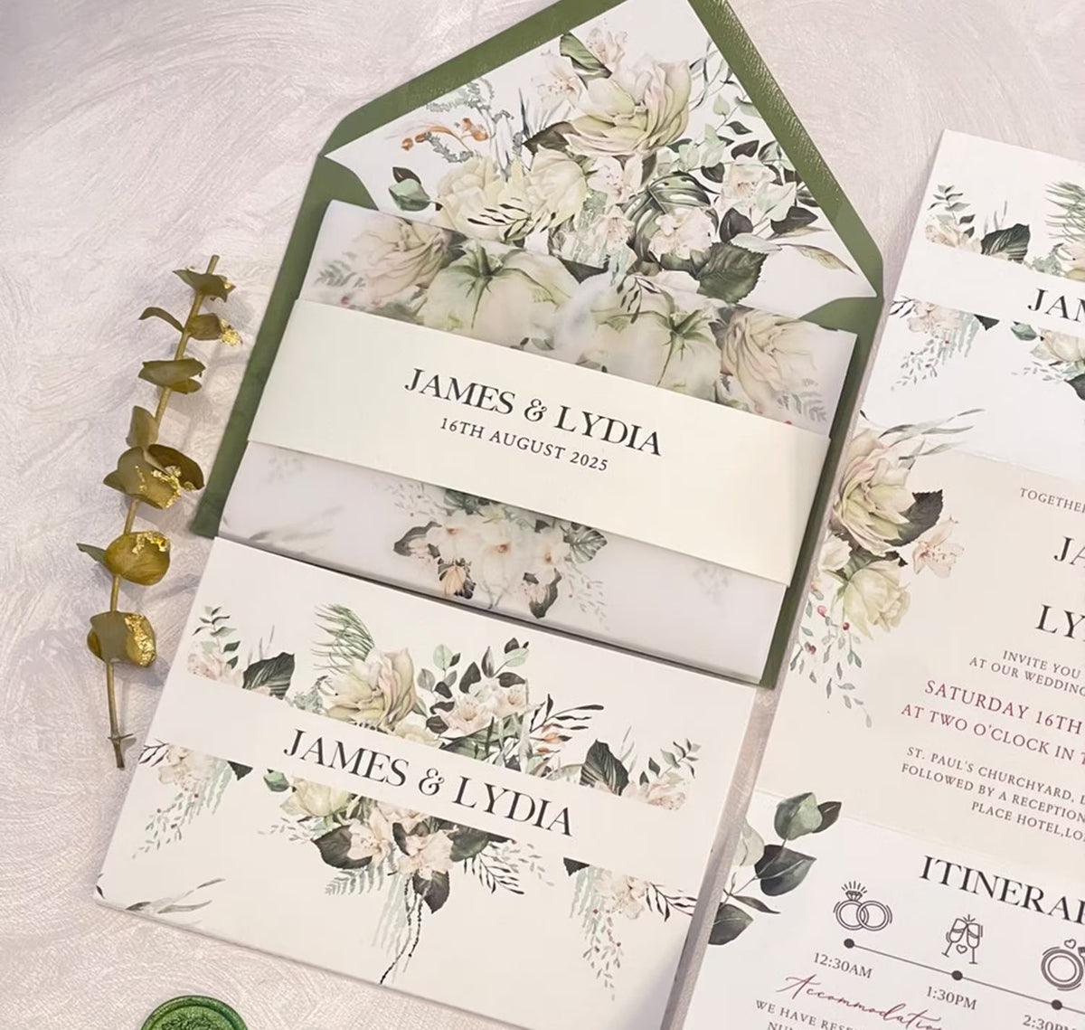 Sage green concertina wedding invitations suite with built in RSVP card and floral border