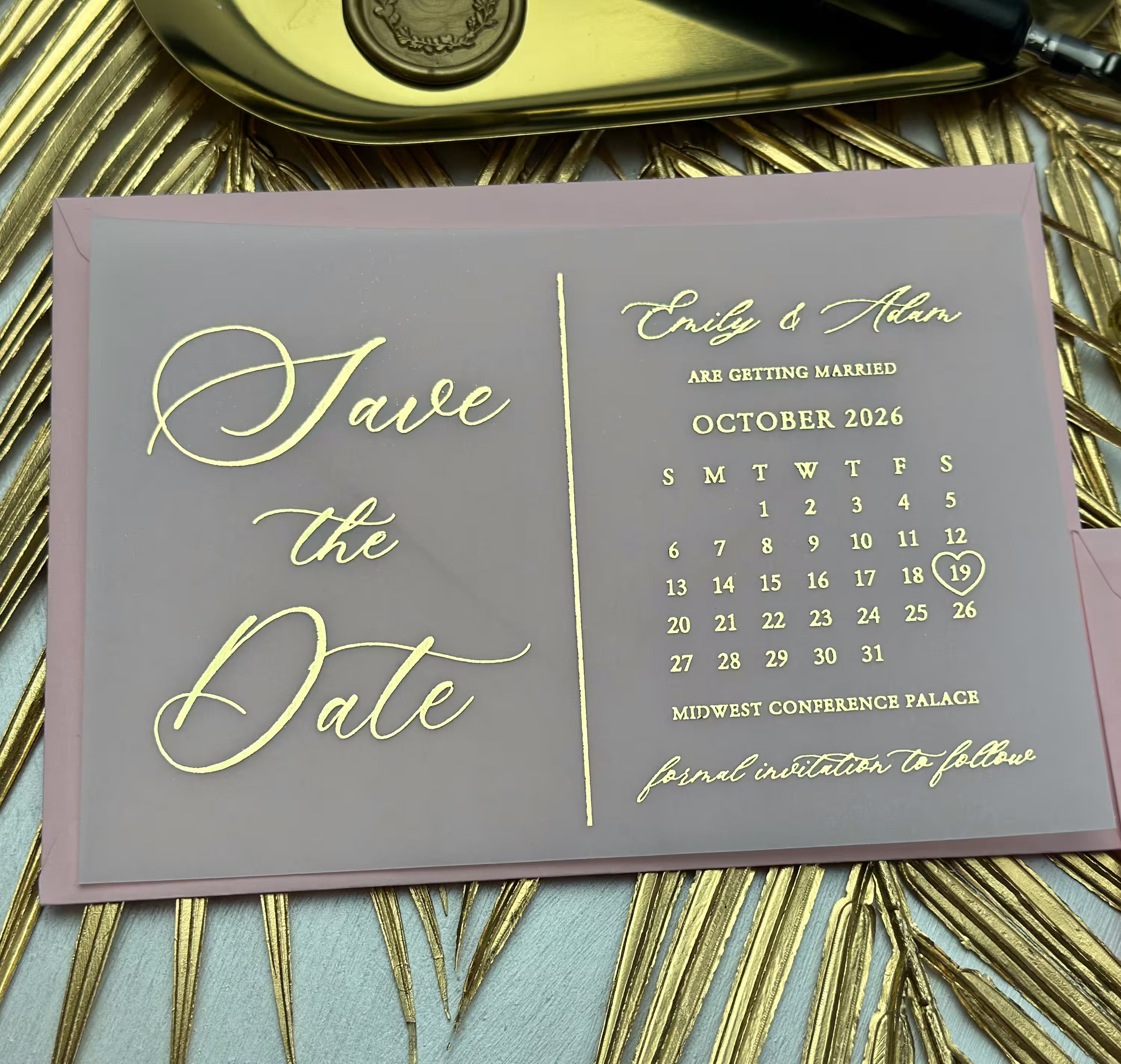 Save the Date calendar card on vellum with personalized names and wedding date
