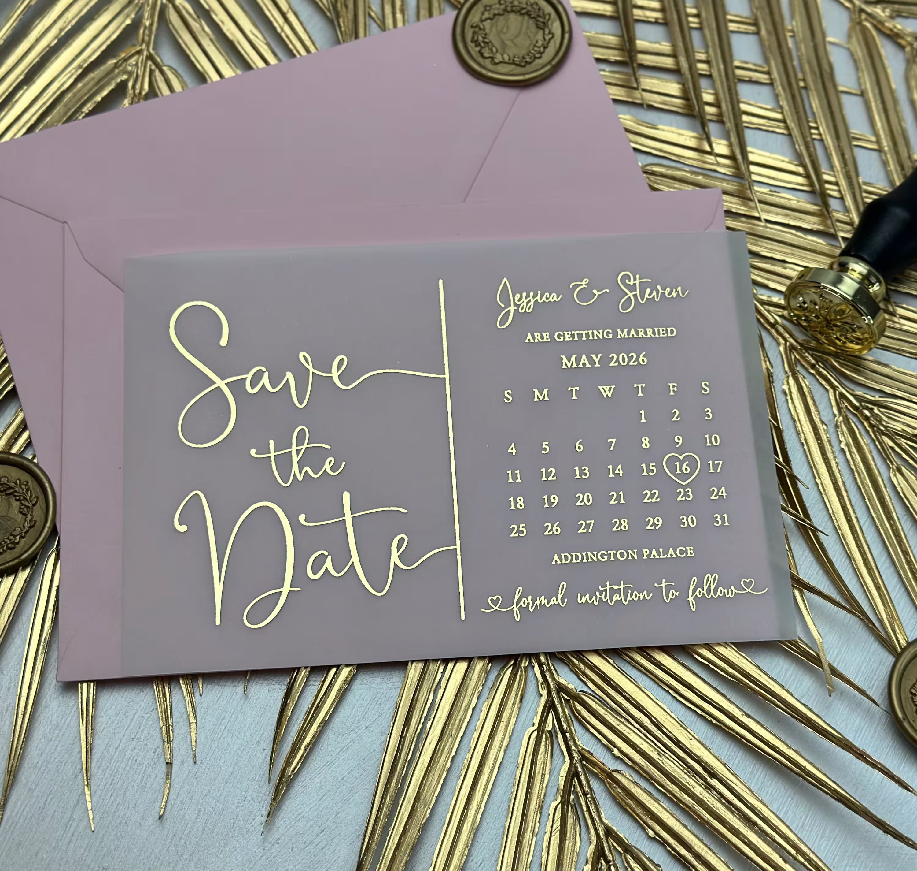 Vellum Save the Date calendar card with gold foil lettering and marked wedding date