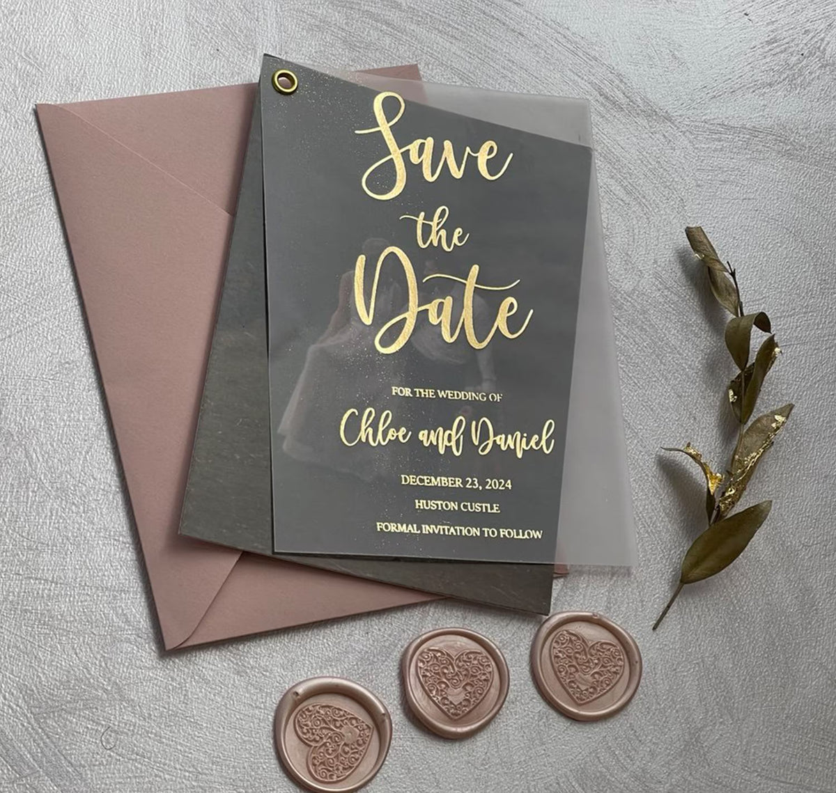Personalized vellum save the date photo card with foil script, with optional wax seals