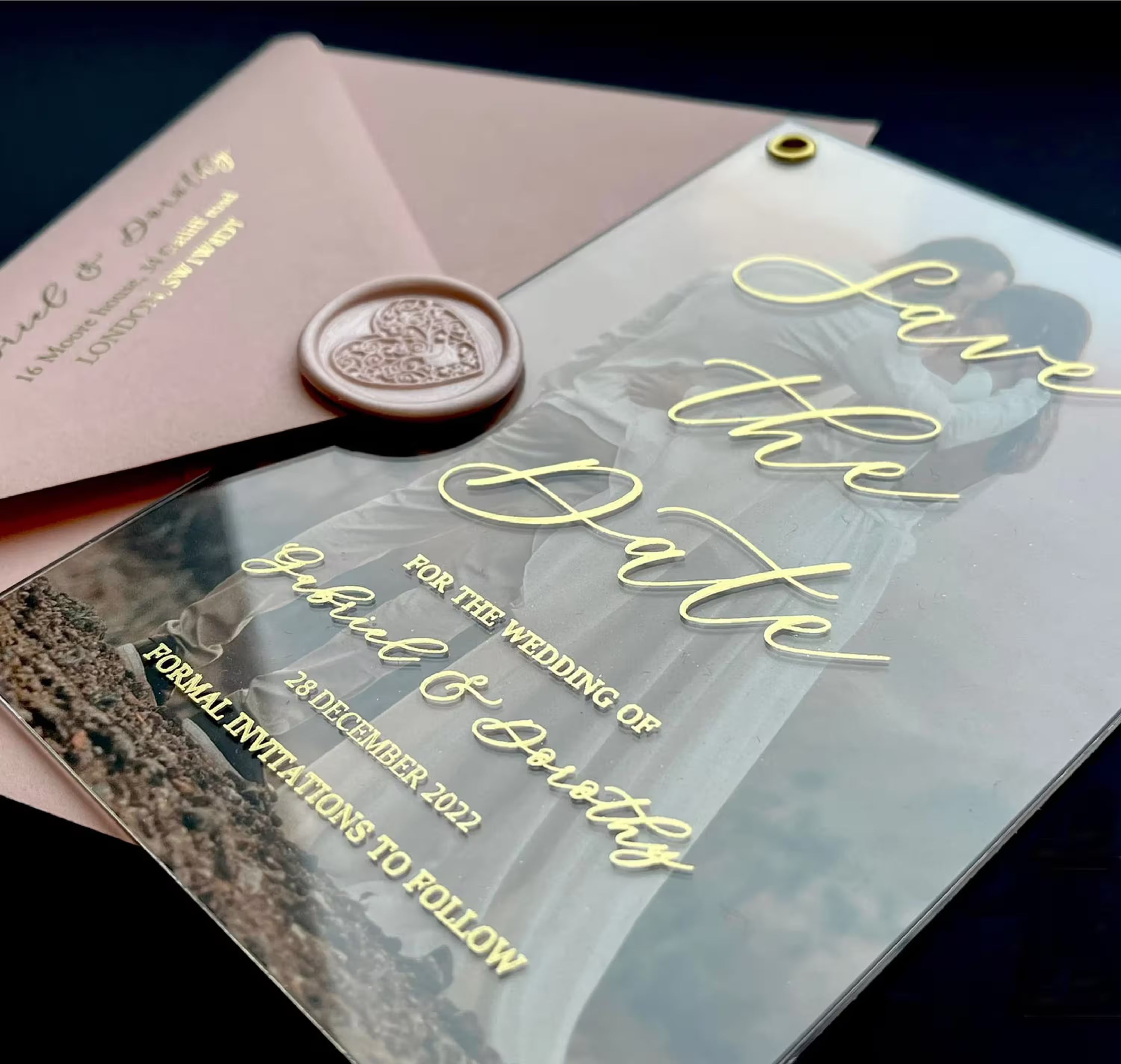 Save the Date with photo printed on clear acrylic with personalized foil details