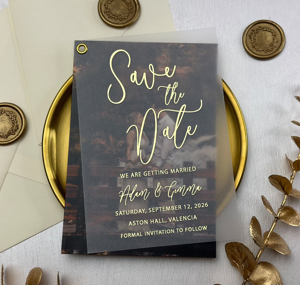 Personalized wedding save the date card with your picture under translucent vellum