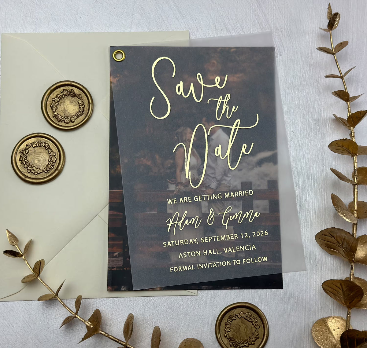 Save the date with picture on translucent vellum and foil script, personalized with your names and date