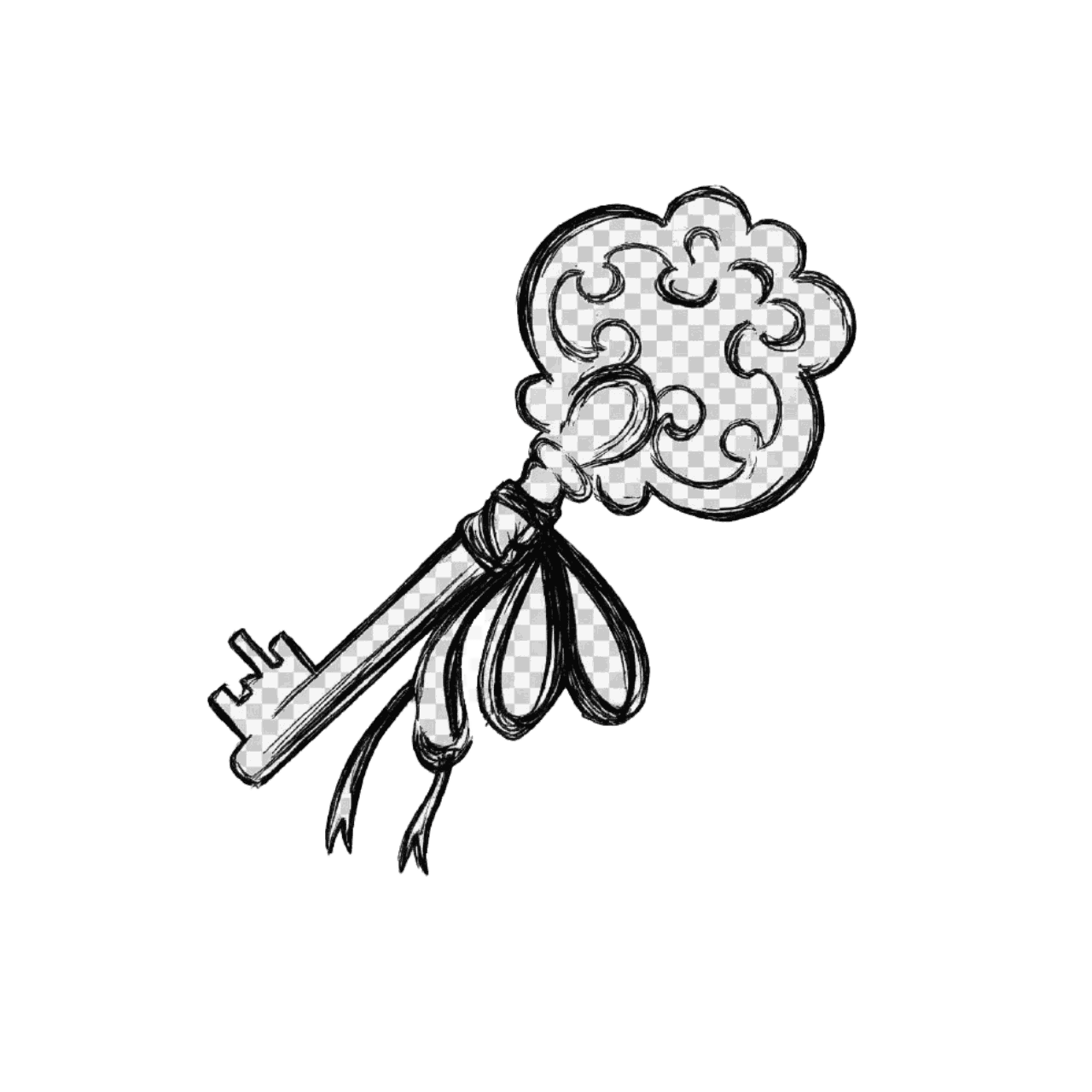 Hand-drawn key with ribbon icon representing secure checkout